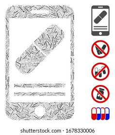 Hatch Mosaic based on mobile drugstore icon. Mosaic vector mobile drugstore is created with random hatch elements. Bonus icons are added.