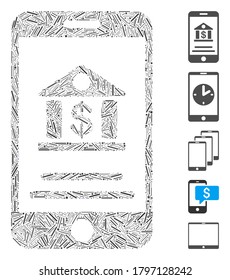 Hatch Mosaic based on mobile banking icon. Mosaic vector mobile banking is formed with random hatch spots. Bonus icons are added.