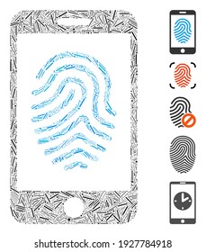 Hatch Mosaic based on mobile fingerprint authorization icon. Mosaic vector mobile fingerprint authorization is designed with randomized hatch items. Bonus icons are added.