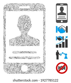 Hatch Mosaic based on mobile agreement icon. Mosaic vector mobile agreement is created with randomized hatch items. Bonus icons are added.