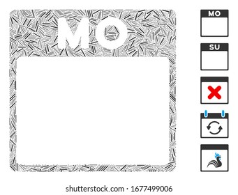 Hatch Mosaic based on Monday calendar page icon. Mosaic vector Monday calendar page is created with scattered hatch dots. Bonus icons are added.