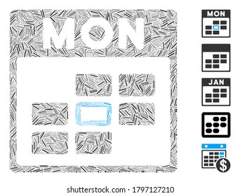 Hatch Mosaic based on Monday calendar grid icon. Mosaic vector Monday calendar grid is formed with scattered hatch elements. Bonus icons are added.