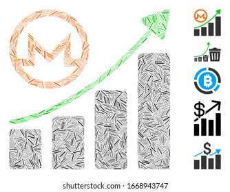Hatch Mosaic based on Monero growing graph icon. Mosaic vector Monero growing graph is formed with randomized hatch items. Bonus icons are added.