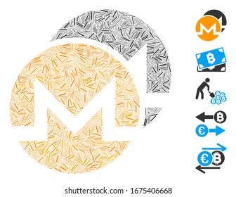 Mosaico de escote basado en el icono de las monedas de Monero. Monedas monero vectoriales de mosaico se forman con puntos de escotilla aleatorizados. Se agregan iconos de bonificación.