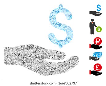 Mosaico Hatch basado en un icono de donación de dinero. La donación de dinero vectorial mosaico se crea con puntos de escote aleatorios. Se agregan iconos de bonificación.