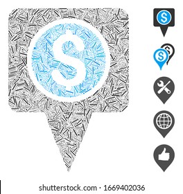Hatch Mosaic based on money map marker icon. Mosaic vector money map marker is designed with randomized hatch spots. Bonus icons are added.