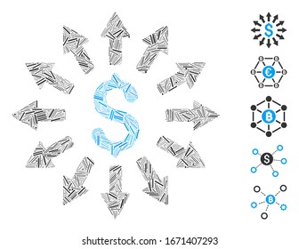 Mosaico Hatch basado en el icono de la distribución de dinero. La distribución del dinero vectorial mosaico está compuesta por elementos de escotilla aleatorizados. Se agregan iconos de bonificación.