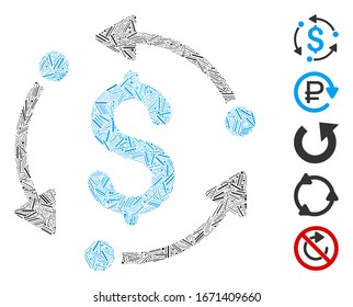 Hatch Mosaic basierend auf dem Symbol der Geldrotation. Die Mosaik Vektorillustration Geldrotation besteht aus randomisierten Lukenelementen. Bonussymbole werden hinzugefügt.