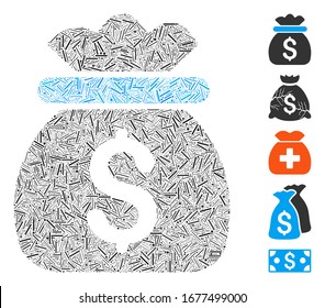 Hatch Mosaic based on money bag icon. Mosaic vector money bag is composed with randomized hatch elements. Bonus icons are added.