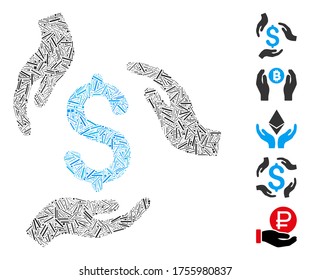 Hatch Mosaic basado en el icono de las manos de dinero. Las manos para el cuidado del dinero vector mosaico están diseñadas con elementos de trampas dispersas. Se agregan iconos de bonificación.