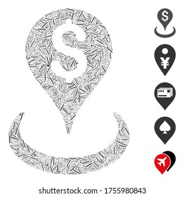 Hatch Mosaic based on money location icon. Mosaic vector money location is formed with scattered hatch dots. Bonus icons are added.