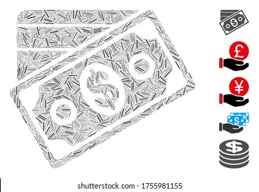 Hatch Mosaic based on money icon. Mosaic vector money is created with random hatch items. Bonus icons are added.