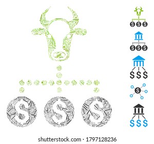 Hatch Mosaic based on money cattle relations icon. Mosaic vector money cattle relations is created with random hatch dots. Bonus icons are added.