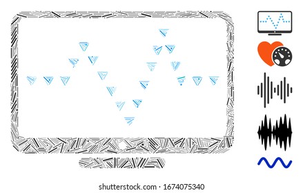 Hatch Mosaic based on monitor dotted pulse icon. Mosaic vector monitor dotted pulse is formed with randomized hatch elements. Bonus icons are added.