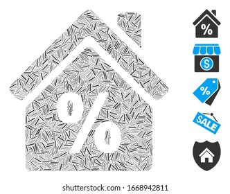 Hatch Mosaic based on mortgage discount icon. Mosaic vector mortgage discount is composed with random hatch items. Bonus icons are added.
