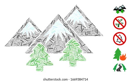 Hatch Mosaic based on mountains forest icon. Mosaic vector mountains forest is designed with scattered hatch spots. Bonus icons are added.