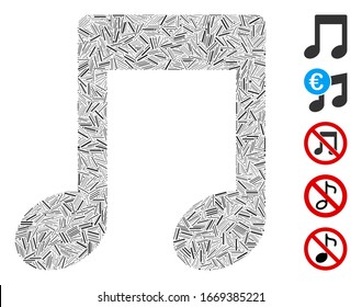 Mosaico Hatch basado en el icono de notas musicales. Las notas musicales vectoriales mosaicas se componen de puntos de rayas dispersas. Se agregan iconos de bonificación.