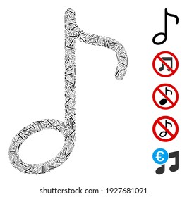 Hatch Mosaic based on music note icon. Mosaic vector music note is designed with scattered hatch elements. Bonus icons are added.