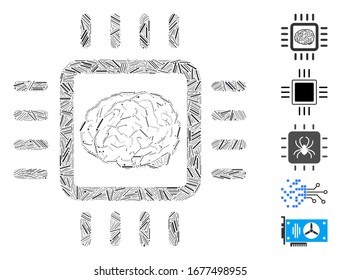 Hatch Mosaic based on neural chip icon. Mosaic vector neural chip is formed with random hatch spots. Bonus icons are added.