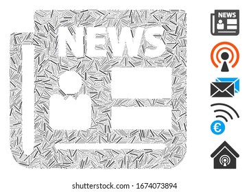 Hatch Mosaic based on news icon. Mosaic vector news is created with scattered hatch spots. Bonus icons are added.