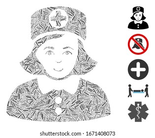 Hatch Mosaic based on nurse icon. Mosaic vector nurse is composed with random hatch items. Bonus icons are added.