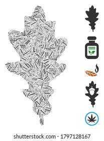 Hatch Mosaic based on oak leaf icon. Mosaic vector oak leaf is composed with random hatch items. Bonus icons are added.