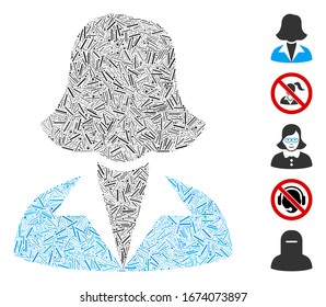 Hatch Mosaic based on office lady icon. Mosaic vector office lady is formed with randomized dash elements. Bonus icons are added.