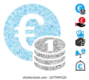 Hatch Mosaic based on one Euro coin stack icon. Mosaic vector one Euro coin stack is formed with scattered hatch dots. Bonus icons are added.