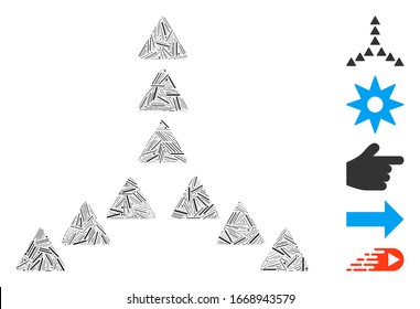 Hatch Mosaic based on outside direction triangles icon. Mosaic vector outside direction triangles is composed with random hatch spots. Bonus icons are added.