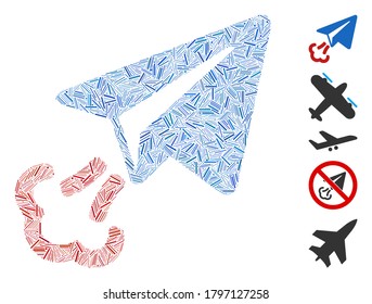 Hatch Mosaic based on paper airplane start icon. Mosaic vector paper airplane start is formed with scattered hatch spots. Bonus icons are added.