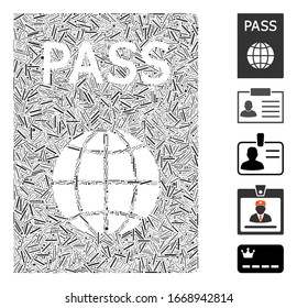 Hatch Mosaic based on passport icon. Mosaic vector passport is composed with randomized hatch spots. Bonus icons are added.