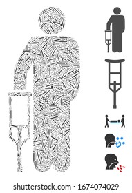 Hatch Mosaic based on patient crutch icon. Mosaic vector patient crutch is composed with random hatch dots. Bonus icons are added.