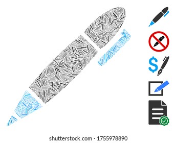 Hatch Mosaic based on pen icon. Mosaic vector pen is designed with scattered hatch dots. Bonus icons are added.