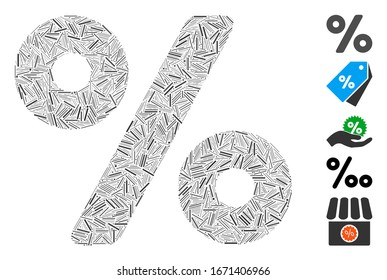 Hatch Mosaic basiert auf dem Prozentsymbol. Mosaike Vektorillustration Prozent ist mit randomisierten Lukenpunkten konzipiert. Bonussymbole werden hinzugefügt.