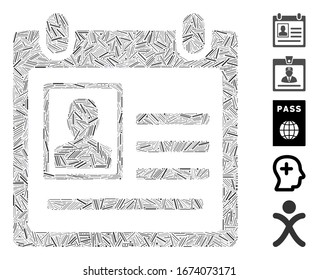 Hatch Mosaic based on person cardfile icon. Mosaic vector person cardfile is composed with scattered hatch spots. Bonus icons are added.