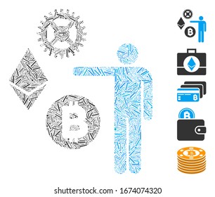 Hatch Mosaic based on person show cryptocurrency icon. Mosaic vector person show cryptocurrency is composed with scattered hatch dots. Bonus icons are added.