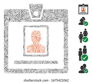 Hatch Mosaic basiert auf dem Personennamen Symbol. Mosaik Vektorillustration Personenkraftzeichen wird mit verstreuten Bindeelementen erstellt. Bonussymbole werden hinzugefügt.