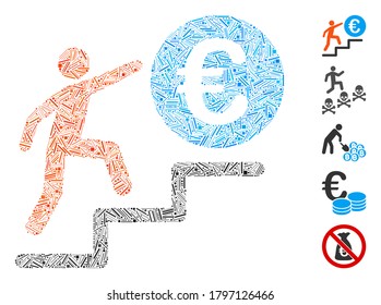 Hatch Mosaic based on Person steps to Euro icon. Mosaic vector Person steps to Euro is formed with randomized hatch dots. Bonus icons are added.