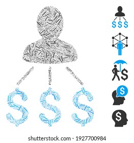 Hatch Mosaic based on person expenses icon. Mosaic vector person expenses is created with random hatch items. Bonus icons are added.