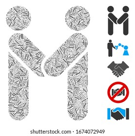 Mosaico de escotilla basado en el icono del apretón de manos de personas. El enlace de personas vectoriales mosaicos se crea con elementos de rayado aleatorios. Se agregan iconos de bonificación.