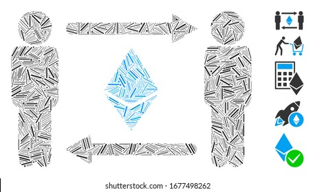 Hatch Mosaic based on persons exchange Ethereum icon. Mosaic vector persons exchange Ethereum is formed with scattered hatch dots. Bonus icons are added.