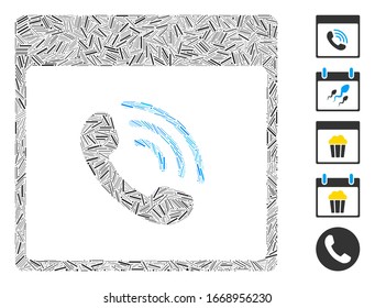 Hatch Mosaic basiert auf Telefon Anruf Kalenderseite Symbol. Mosaik Vektorillustration Telefongespräch Kalenderseite ist mit zufälligen Bindestrich Elemente zusammengesetzt. Bonussymbole werden hinzugefügt.
