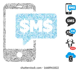 Hatch Mosaic based on phone SMS icon. Mosaic vector phone SMS is created with random hatch items. Bonus icons are added.