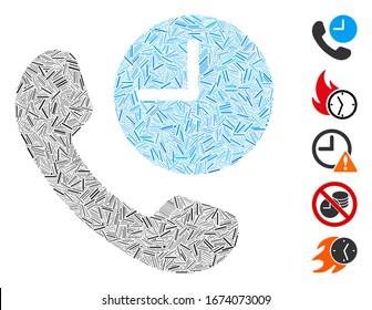 Hatch Mosaic based on phone time icon. Mosaic vector phone time is formed with random hatch dots. Bonus icons are added.