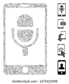 Hatch Mosaic based on phone microphone icon. Mosaic vector phone microphone is composed with randomized hatch elements. Bonus icons are added.