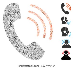 Hatch Mosaic based on phone call icon. Mosaic vector phone call is created with randomized hatch elements. Bonus icons are added.