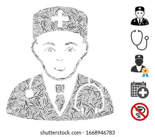 Hatch Mosaic based on physician icon. Mosaic vector physician is designed with scattered hatch dots. Bonus icons are added.