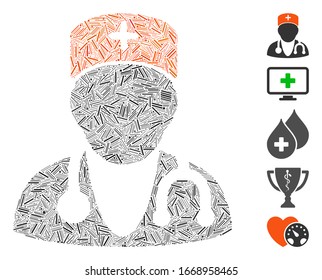 Hatch Mosaic based on physician icon. Mosaic vector physician is designed with randomized hatch elements. Bonus icons are added.