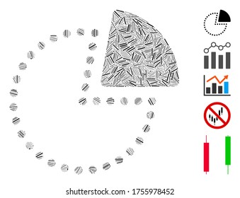 Hatch Mosaic based on pie chart icon. Mosaic vector pie chart is designed with scattered hatch elements. Bonus icons are added.