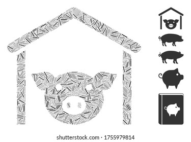 Hatch Mosaik auf der Grundlage der Schweinehaltung Symbol. Mosaik Vektor Schweinehaltung wird mit zufälligen Lukenstücken gebildet. Bonussymbole werden hinzugefügt.